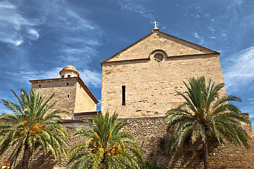教堂,马略卡岛,棕榈树,蓝天