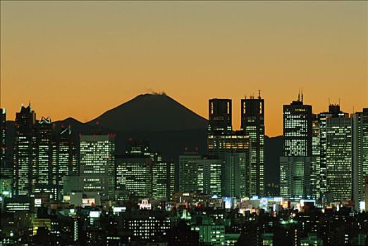 城市天际线,富士山,夜景,东京,本州,日本