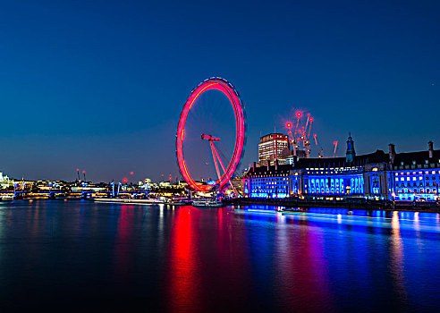 伦敦眼,泰晤士河,反射,光亮,夜景,伦敦,区域,英格兰,英国,欧洲