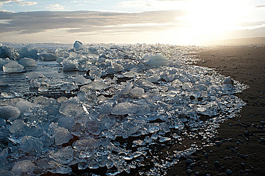 冰,冰山,黑色,火山岩,海滩,冰河,泻湖,南,冰岛