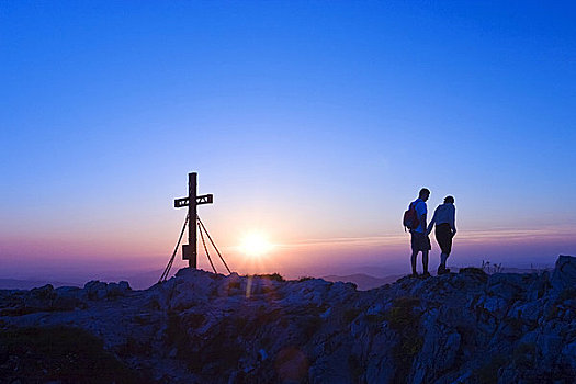 伴侣,日落,顶峰,萨尔茨卡莫古特,奥地利