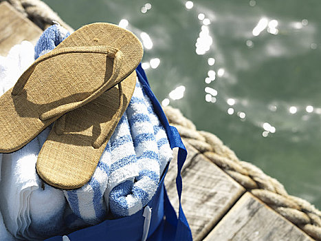 毛巾,鞋,码头,海洋,伯利兹