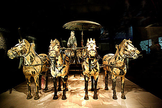 西安秦兵马俑博物馆神马馆里展示的秦马俑