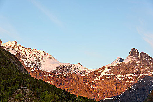 小屋,孤单,山,落日,挪威,欧洲