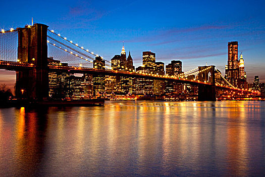 黃昏,布鲁克林大桥,跨越,东河,连接,布鲁克林,曼哈顿,纽约,美国