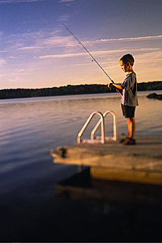 男孩,钓鱼,码头,日落