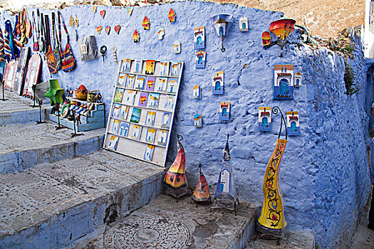 狭窄,小巷,舍夫沙万,墙壁,小路,涂绘,蓝色,彩色,毯子,出售,悬挂,山,北方,摩洛哥,非洲