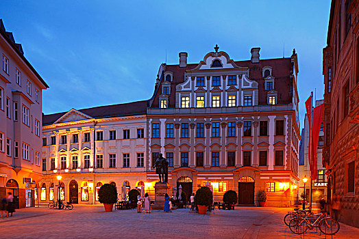 广场,纪念建筑,连栋房屋,黄昏,老城,奥格斯堡,巴伐利亚,德国,欧洲