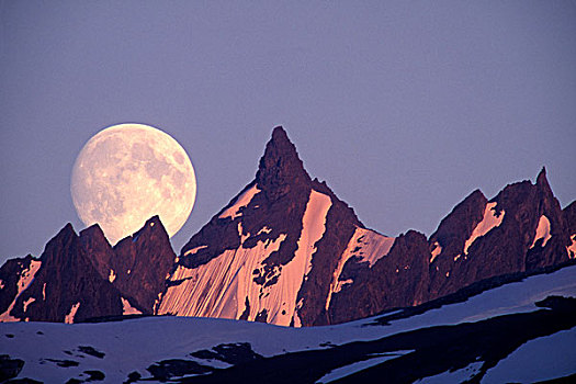 满月,上方,齿状,顶峰,楚加奇山,靠近,阿拉斯加,春天
