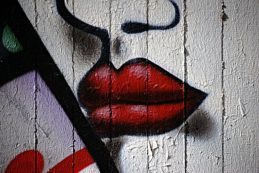 涂绘,大,红色,情色,嘴唇,女人,混凝土墙