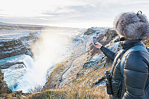 女人,摄影,瀑布,峡谷,河,西南,冰岛