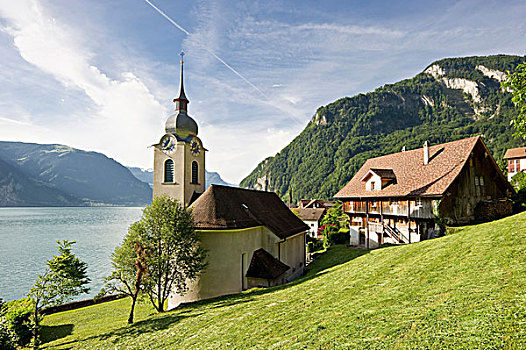 教堂,鲍恩,琉森湖,瑞士,欧洲