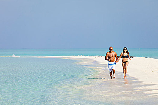 马尔代夫,环礁,岛屿,情侣,跑,沙洲