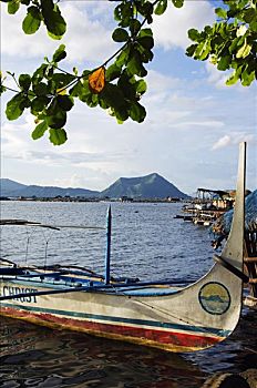 菲律宾,吕宋岛,彩色,渔船,湖,火山,背景