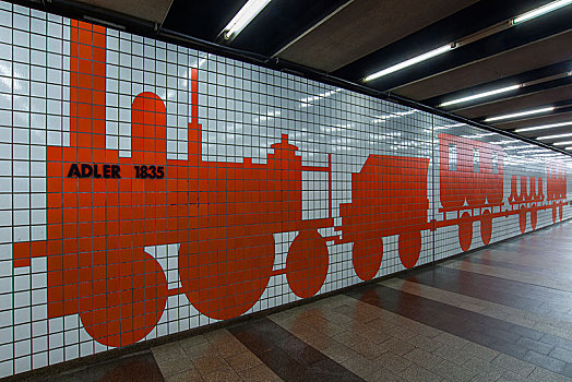 瓷砖,图案,第一,列车,汽车,地铁站,纽伦堡,中间,弗兰克尼亚,巴伐利亚,德国,欧洲