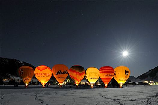 热气球,满月,山谷,提洛尔,奥地利,欧洲