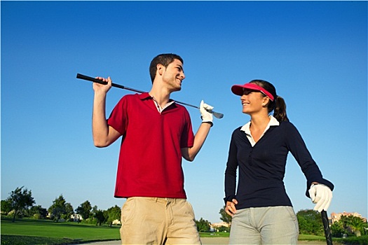 高尔夫球场,年轻,幸福伴侣,运动员,情侣,交谈