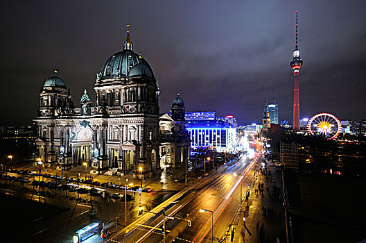 柏林大教堂,电视塔,夜晚,德国