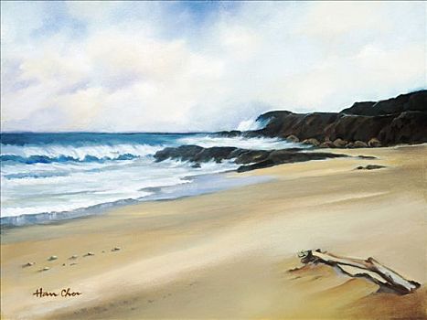 沙滩,风景,海洋,油画