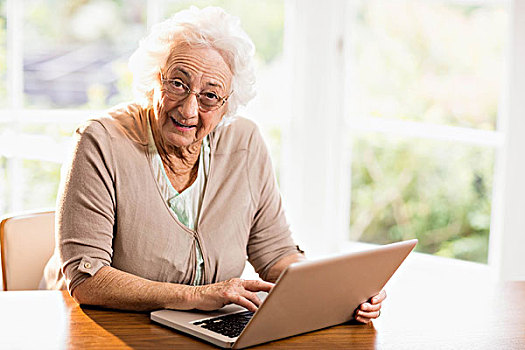 微笑,老年,女人,使用笔记本,在家