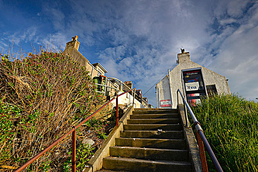 陡峭,楼梯,港口,向上,悬崖,房子,班夫郡,英国,苏格兰,欧洲
