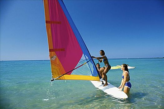夏威夷,人,学习,帆板,靠近,岸边,青绿色,水