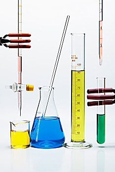 化学品,实验室,玻璃器皿,上方,烧杯,锥形烧瓶,杆,量筒,滴管,试管
