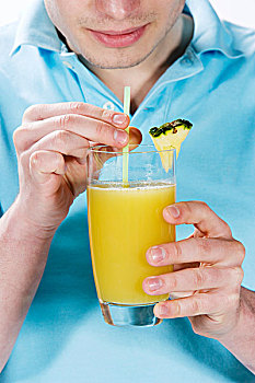 男青年,喝,玻璃杯,菠萝汁