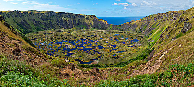 拉诺廓火山,火山口,湿地,世界遗产,拉帕努伊国家公园,复活节岛,智利,南美