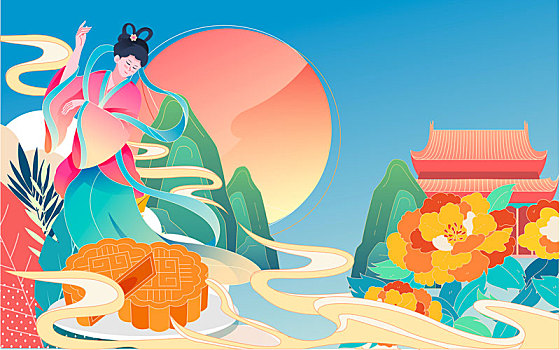 中秋佳节海报中国传统节日嫦娥奔月团圆插画