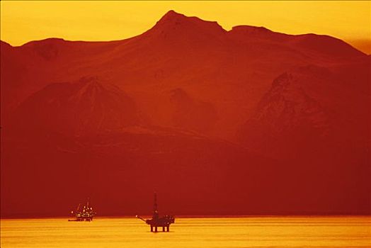 石油钻机,钻井平台,库克海峡,夏天,日落,景色