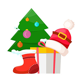 圣诞树,装饰,靠近,红色,圣诞节,袜子,白色,礼物,盒子,黄色,盖子,圣诞老人,帽,设计,矢量,插画,新年,喜庆,卡通,白色背景