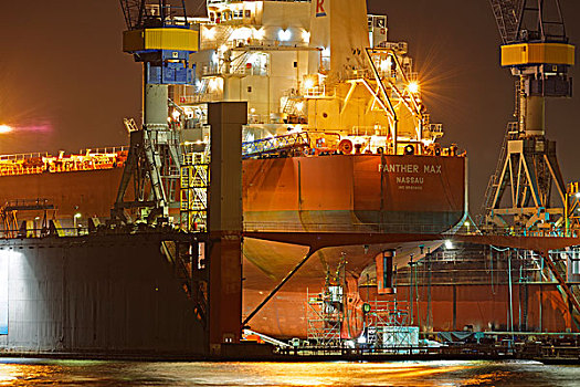 货船,浮码头,汉堡市,港口,夜晚,德国,欧洲