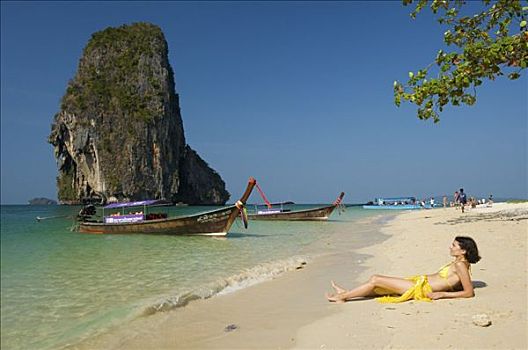 女人,卧,海滩,甲米,泰国