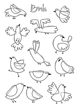 品种,抽象,鸟,简单,线条,设计,上色画册,书页,矢量,插画