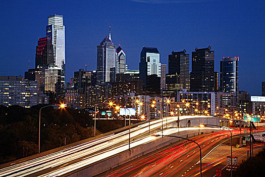 费城,天际线,交通,飘动,黄昏