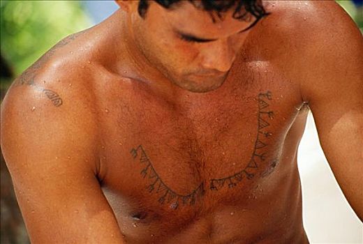 法属玻利尼西亚,塔希提岛,茉莉亚岛,特写,男人,胸部,纹身
