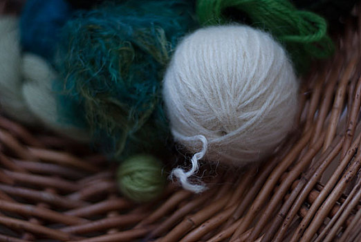 特写,软,绿色,白色,毛织品,篮子,编织