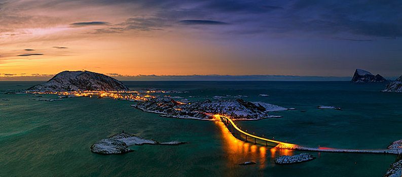 峡湾,光亮,桥,冬天,日落,特罗姆瑟,特罗姆斯,挪威北部,挪威,欧洲