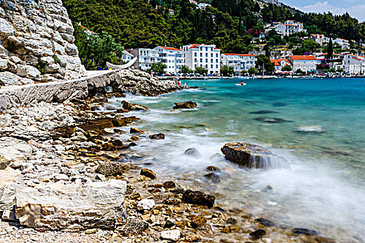 漂亮,岩石,海滩,亚德里亚海,海浪,靠近,分开,克罗地亚