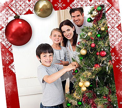 微笑,家庭,装饰,圣诞树