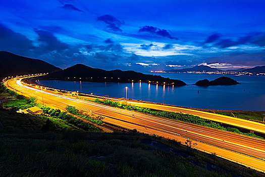 公路,交通,日落,水,灣