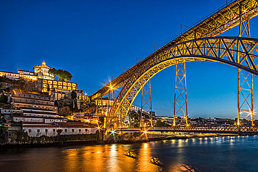 桥,拱桥,俯视,杜罗河,欧洲,黃昏,波尔图,葡萄牙