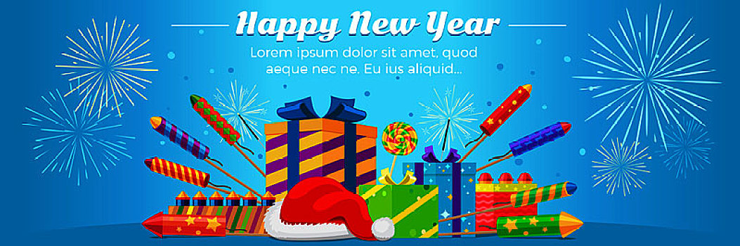 新年快乐,收集,彩色,烟花,礼盒,圣诞帽,蓝色背景,背景,新年,棒棒糖,冬天,装饰,贺卡,矢量,插画