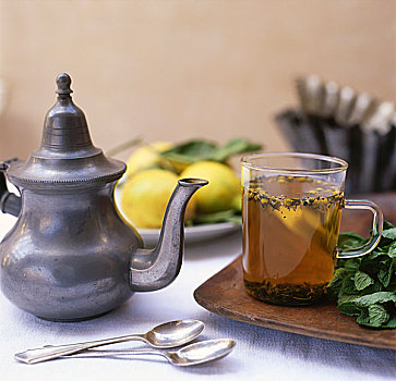 柑橘,茶,玻璃杯,金属,茶壶
