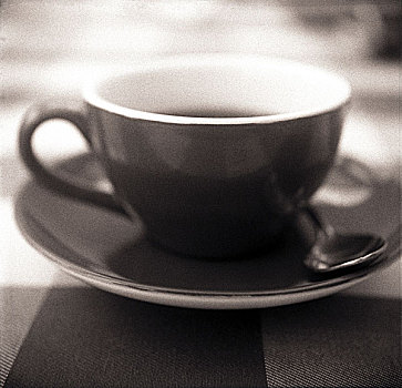 褐色,茶杯,白色,室内,茶,碟,勺子,坐,方格,桌布