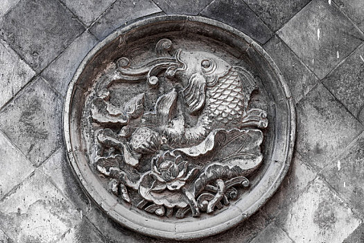 古建筑鲤鱼荷叶砖雕,拍摄于山西平遥城隍庙