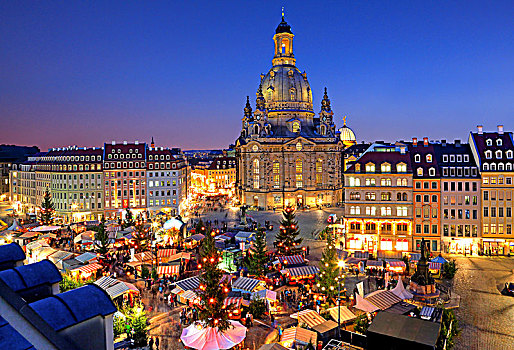 圣诞市场,诺伊马克特,正面,圣母教堂,老城,德累斯顿,萨克森,德国