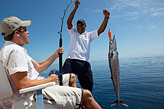 两个,中年,男人,钓鱼,环礁,马尔代夫