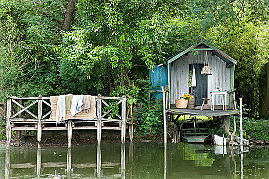 乡村,小屋,木码头,岸边,湖